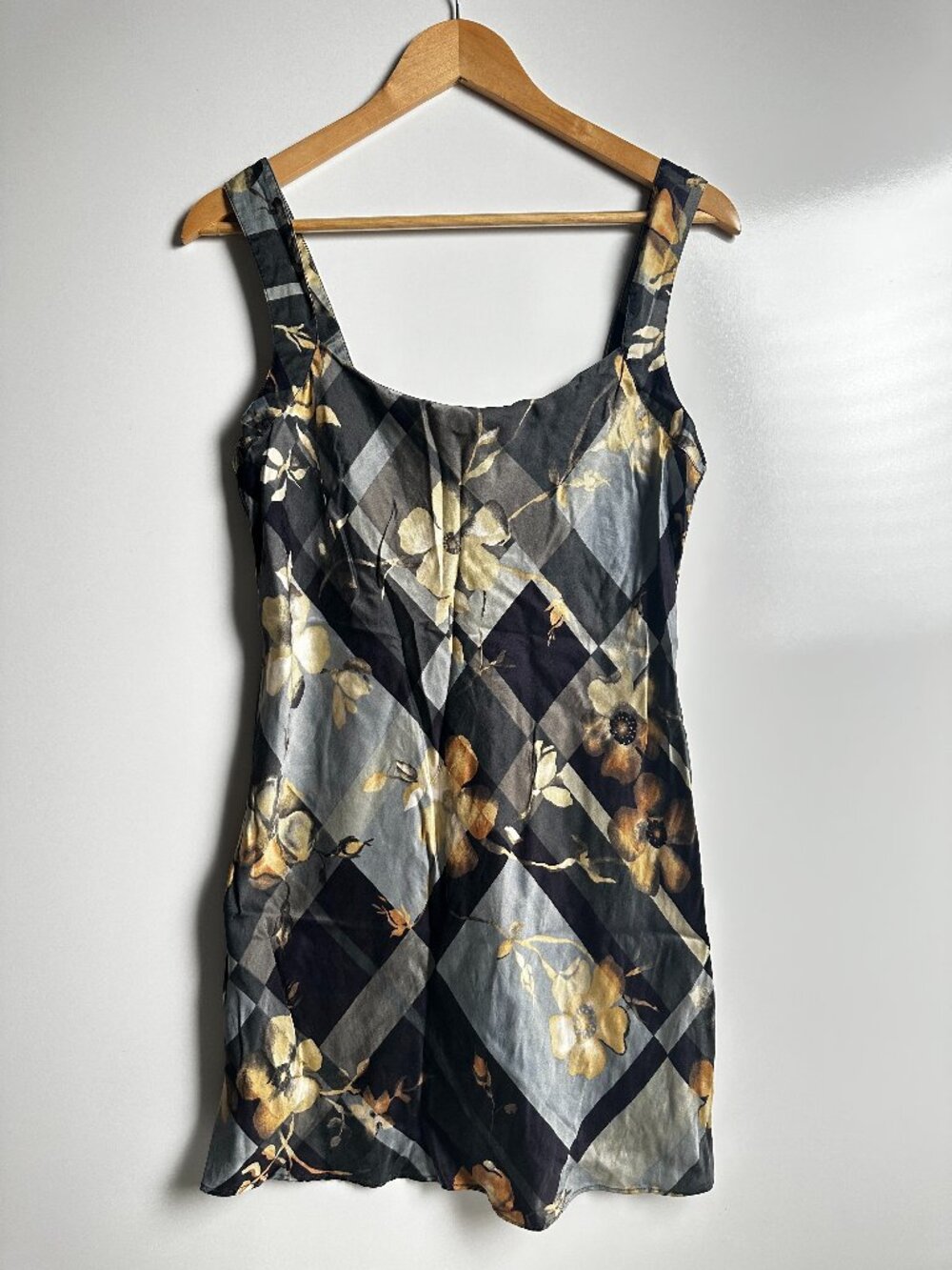 August Silk Intimates Vintage 100% Silk Plaid Floral Slip Dress Y2K M